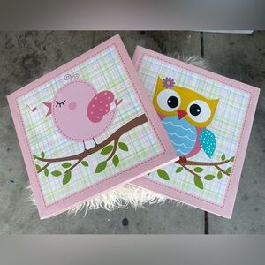Pink and Blue Bird and Owl Wall Art